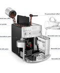 Premium Super Automatic Espresso And Coffee Maker With Integrated Burr Grinder Bean To Cup Brewing Silver Model showing features and parts.