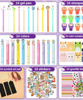 24 Pack Cute Stationery Set For Classroom Rewards And Gift Bags Includes Mini Notebooks Pencils Rulers Erasers Sticky Notes Stickers And Cute Goodie Bags For Birthday Gifts Class Activities School Office Supplies. Multicolor designs displayed.