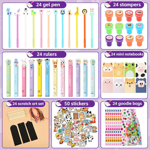 24 Pack Cute Stationery Set For Classroom Rewards And Gift Bags Includes Mini Notebooks Pencils Rulers Erasers Sticky Notes Stickers And Cute Goodie Bags For Birthday Gifts Class Activities School Office Supplies. Multicolor designs displayed.