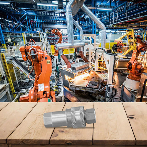 Top Tier Heavy Duty Hydraulic Quick Connect Coupler M16x1.5 Female Thread Fitting Carbon Steel High Pressure Auto Lock Seal Slick Push Mechanism No Leak Boss For Rigged Up Jobsite Equipment And Tool Accessories Made To Last Durability, shown in factory setting