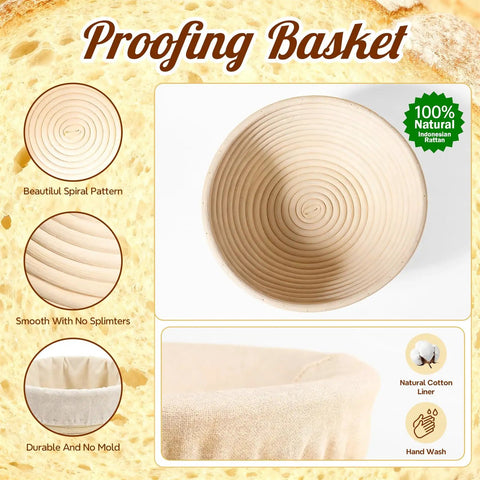 No Brainer All In One Sourdough Starter Kit For Beginners with banneton proofing basket detail, natural rattan spiral design.