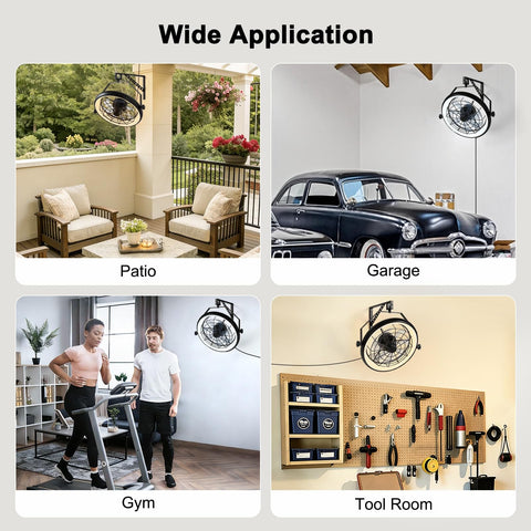 23 Inch Wall Mounted Fan With Light And Remote App Control, 6 Speeds, installed in patio, garage, gym, and tool room