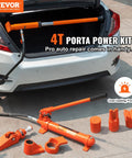 Heavy Duty 4 Ton Porta Power Kit With Portable Hydraulic Jack And 3.9 Ft Hose For Auto Body Frame Repair Plus Truck Farm Use Includes Storage Case And Spreader For Bull Work Efficiency in car trunk.