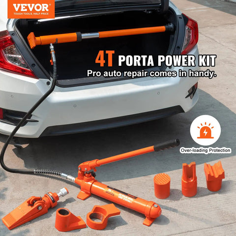 Heavy Duty 4 Ton Porta Power Kit With Portable Hydraulic Jack And 3.9 Ft Hose For Auto Body Frame Repair Plus Truck Farm Use Includes Storage Case And Spreader For Bull Work Efficiency in car trunk.