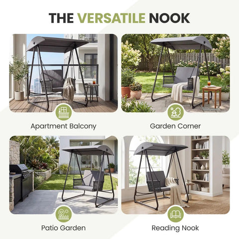 Porch Swing With Stand And Canopy For Outdoors All Weather Heavy Duty Swing Chair With 400 Lb Capacity Removable Cushions in various settings