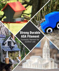ASA 3D printer filament used in models: birdhouse, toy car, house, and church; ideal for outdoor functional parts, smooth print.