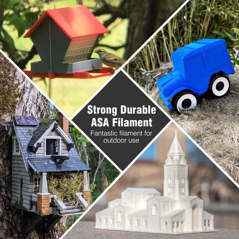 ASA 3D printer filament used in models: birdhouse, toy car, house, and church; ideal for outdoor functional parts, smooth print.