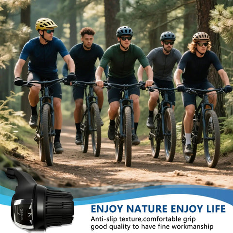 Group of cyclists on trail using 3x7 Speed Twist Shifter Lever Set For Mountain Bikes with non-slip rubber grips, forest backdrop