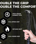 Hand holding Lightweight Carbon Fiber Trekking Poles Set Of 2 With Quick Adjustable Locks For Hiking And Walking Blue, grip details shown