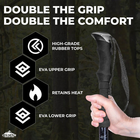 Hand holding Lightweight Carbon Fiber Trekking Poles Set Of 2 With Quick Adjustable Locks For Hiking And Walking Blue, grip details shown