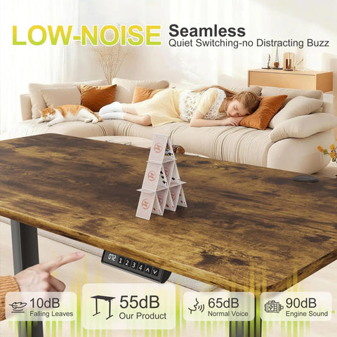 Electric Standing Desk With Sit Stand Design, 45 By 24 Inch Adjustable Height Home Office Desk, Four Memory Presets, Rustic Brown Finish, No Wobble Steel Frame Built For Heavy Lifting shown with wooden surface in living room setting, focus on seamless low-noise operation.