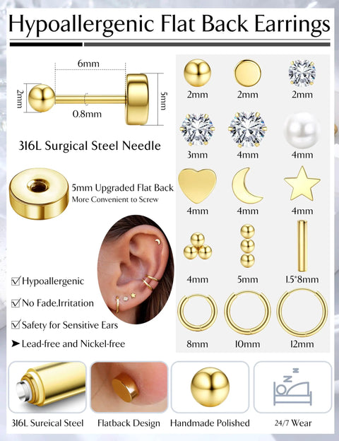 Hypoallergenic Surgical Steel Earrings Set With 14K Gold Plated Flat Back Studs And Small Hoop Cartilage Earring Stacks For Women And Men Great For Helix And Tragus Piercings First Or Second Holes Lightweight And Dainty. 6mm 316L gold flat-back stud