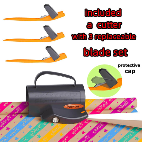 Smooth As Butter Rotary Wrapping Paper Cutter With Three Quick Swap Blades For Dead Simple Gift Roll Slicing, includes cutter with replaceable blade set.