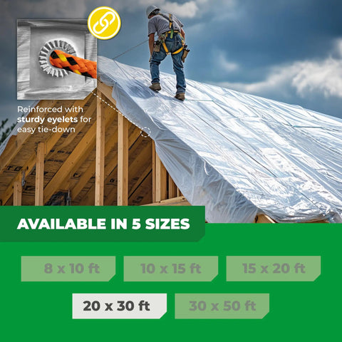 Clear 20x30 Ft Beefy Heavy Duty Tarps Waterproof And Tear Resistant Multipurpose Cover For Outdoor Use Camping Garden Furniture Emergency Shelter UV Resistant Recyclable Tarpaulin covering roof with worker on site