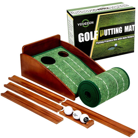 Indoor Putting Green With Auto Ball Return For Home Or Office No Hump Design, two-hole mat with wood base and accessories