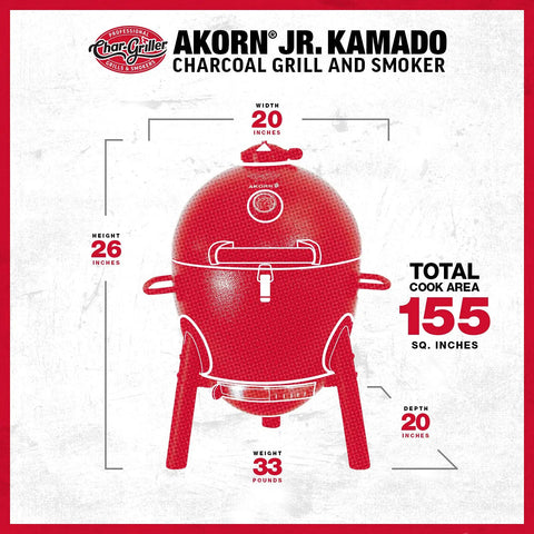 Kamado-Style Portable Charcoal Grill And Smoker With Locking Lid, Cast Iron Grates, 155 Cooking Square Inches, dimensions shown
