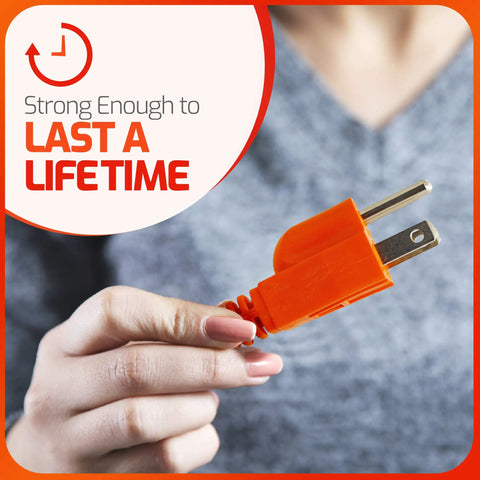 Person holding a bright orange plug of the Orange Indoor Outdoor Extension Cord 18 Feet With 1 Outlet 3 Prong 16 Gauge