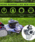 Lawn mower on grass with inset of carburetor replacement kit for Kohler Courage XT-6 XT-7 engines.