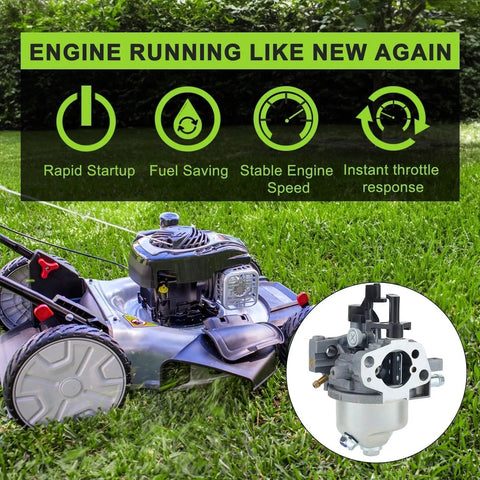 Lawn mower on grass with inset of carburetor replacement kit for Kohler Courage XT-6 XT-7 engines.