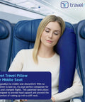 Woman using Ultimate Travel Neck And Body Pillow With Memory Foam And Velour Cover on airplane seat for comfort.