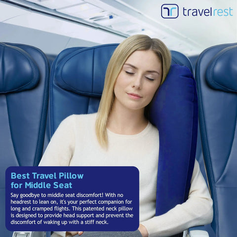 Woman using Ultimate Travel Neck And Body Pillow With Memory Foam And Velour Cover on airplane seat for comfort.