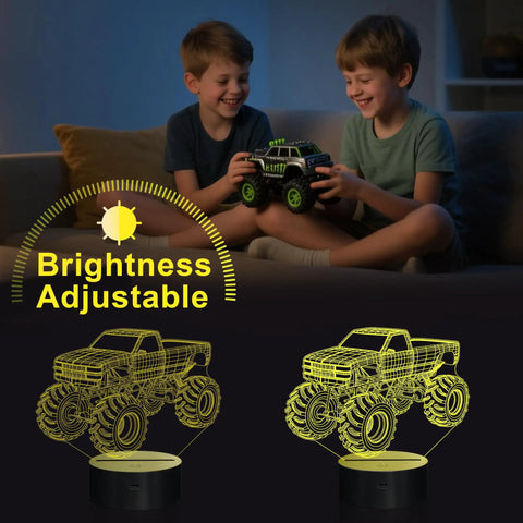 Two boys enjoying Lit 3D Monster Truck Night Light For Kids With 16 Color Changing LEDs Car Shaped Acrylic Lamp For Desk Bedroom Decor Perfect For Sleep Time Stories And Birthday Gifts glowing in the dark.