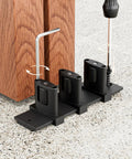 Sliding Closet Door Floor Guide With Adjustable Bottom Guide And 3 Roller System in Black Finish installed next to door