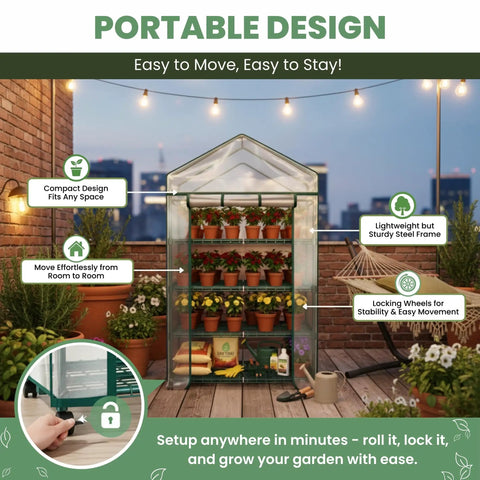 4 Tier Portable Greenhouse With Locking Wheels And PVC Cover For Indoor Or Outdoor Use, 27 Inch Wide Shelves That Hold 24 Lbs Per Tier, A Slick Mini Greenhouse For Seedlings, Herbs, And Small Plants