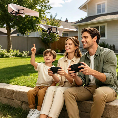 Family playing with Totally Fun DIY Electric Remote Control Paper Airplane Kit With Gyro Stabilizer outdoors in backyard.