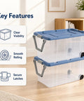 2 Pack 160 Quart Heavy Duty Rolling Storage Bins With Clear Transparent Walls And Tough Latching Lids For Smooth Glide Action, stacked on floor.