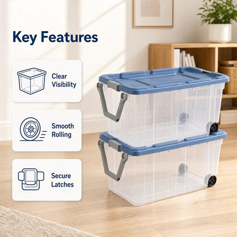 2 Pack 160 Quart Heavy Duty Rolling Storage Bins With Clear Transparent Walls And Tough Latching Lids For Smooth Glide Action, stacked on floor.