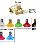 Brass quick-connect pressure washer coupler with eight color-coded nozzle tips (1/4 in, 4500 PSI)