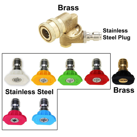 Brass quick-connect pressure washer coupler with eight color-coded nozzle tips (1/4 in, 4500 PSI)