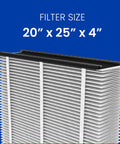 Replacement Filter For Whole House Air Purifiers MERV 16 20x25x4 with filter size dimensions shown on blue background.