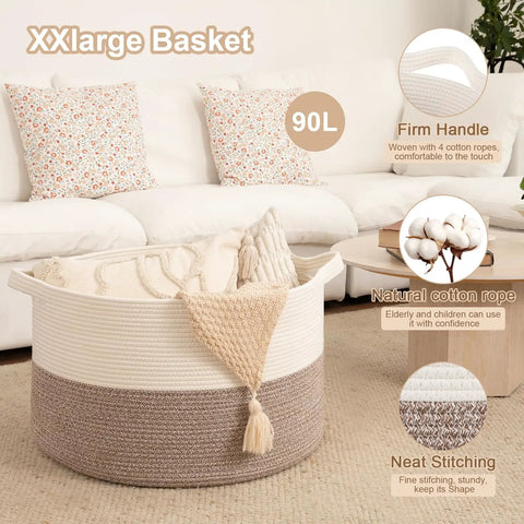 Hella Spacious XXXLarge Blanket Basket For Living Room Storage And Family Rooms Is Built Tough With Heavy Duty Woven Weave Offering A Super Roomy 90 Liter Space To Stack Bulk Comforters Extra Pillows And Throw Blankets In Warm Earthy Brown