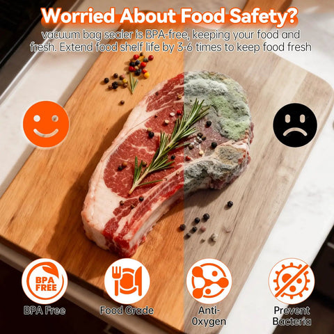 Half fresh, half moldy meat illustrating the benefits of Grab And Go Vacuum Sealer Bags 60 Pack Set For InstaSeal Pre Cut Two Size.