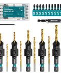 22 Piece Countersink Drill Bit Set For Woodworking With Magnetic Holder And Storage Box Sizes 4 6 8 10 12, drill bits displayed.