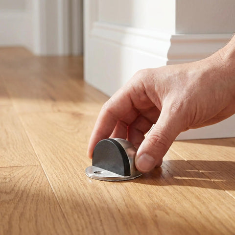 Hand installing Stainless Steel Door Stops Set 2 Pack Floor Door Stoppers With Self Adhesive Backing Silver Half Dome