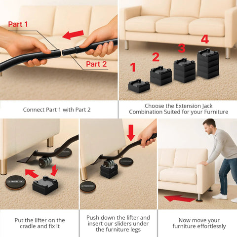 Heavy Duty Carpet Furniture Sliders 4 Pack With Ergonomic Steel Floor Lifter Tool Set showing installation steps for easy furniture movement.