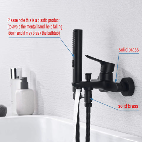 Wall Mount Bathtub Faucet With Handheld Shower And 59 Inch Hose Sleek Black Finish Easy Install Tub Shower Mixer System close-up view