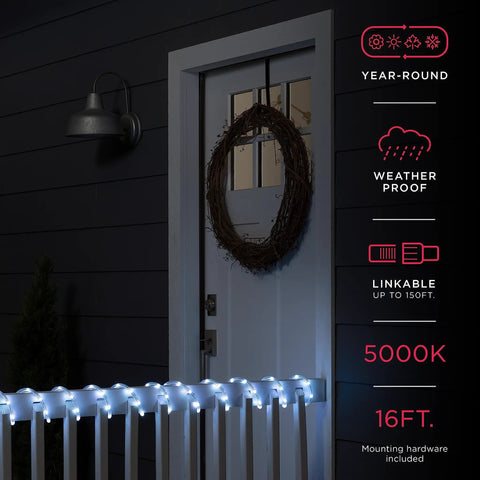 16 Foot LED Rope Lights In Classic Clear With Cool White 5000K illuminating outdoor porch railing