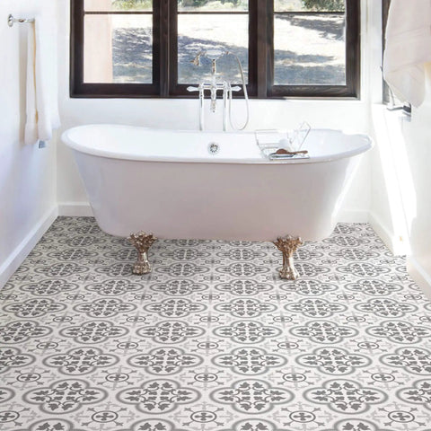 Bathroom with Remy Peel And Stick Vinyl Floor Tiles Gray, water resistant and washable, textured low-luster finish.