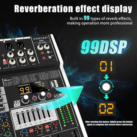 8 Channel Bluetooth Audio Mixer With 48V Phantom Power, 99 DSP Effects display, showing reverberation settings and controls