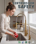 Slick Brushed Gold Kitchen Faucet With Pull Down Sprayer And Reverse Osmosis Drinking Water Tap Stainless Steel, washing red pepper.