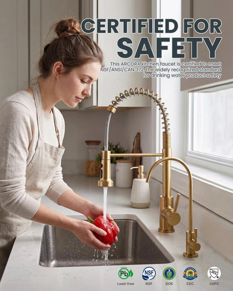 Slick Brushed Gold Kitchen Faucet With Pull Down Sprayer And Reverse Osmosis Drinking Water Tap Stainless Steel, washing red pepper.