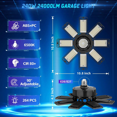 240W LED Garage Light 2 Pack With 8 Deformable Panels, 24000 Lumens Daylight 6500K Shop Ceiling Light For E26 E27 Sockets