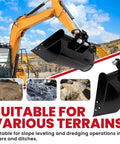 Toothless Bucket Attachment For Mini Excavators Up To 3 Tons Built Tough For Real World Ground Leveling And Trench Trimming, Manganese Steel Backhoe Bucket, 3.54In Span, 0.98In Pin Hole Diameter, Fits 0.8 To 2 Ton Units with excavator in various terrains