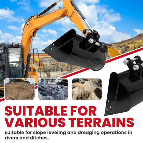 Toothless Bucket Attachment For Mini Excavators Up To 3 Tons Built Tough For Real World Ground Leveling And Trench Trimming, Manganese Steel Backhoe Bucket, 3.54In Span, 0.98In Pin Hole Diameter, Fits 0.8 To 2 Ton Units with excavator in various terrains