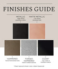 Finishes guide showcasing different surface textures including Metallic, Matte Metallic, Hammered, Forged Hammered, and Clear.