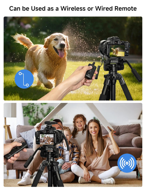 Wireless Camera Remote Shutter Release Kit capturing dog and family photos with Canon on tripod, showing wired and wireless use.